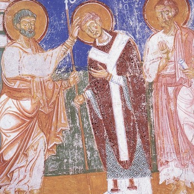 San Pietro consacra sant’Ermagora, particolare di affresco (Aquileia, abside della basilica).